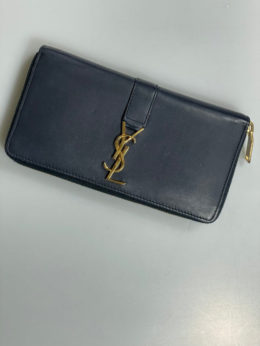 Saint Laurent Navy Blue Cassandra Leather Zip Around Wallet