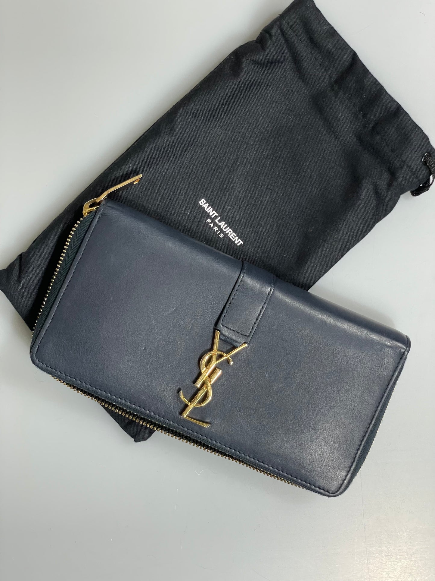 Saint Laurent Navy Blue Cassandra Leather Zip Around Wallet